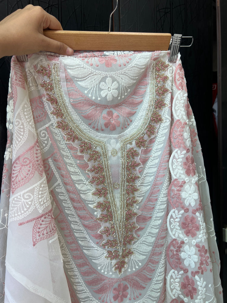 Pink white embroidered bling suit material