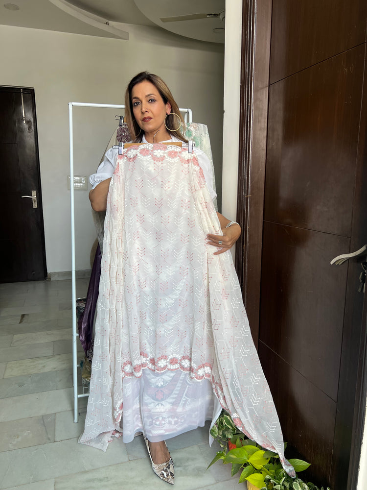 Pink white embroidered bling suit material