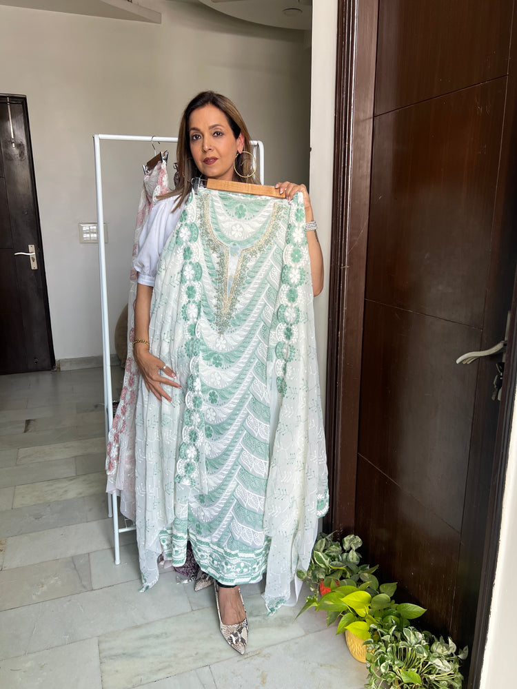 Green white georgette embroidered bling suit material
