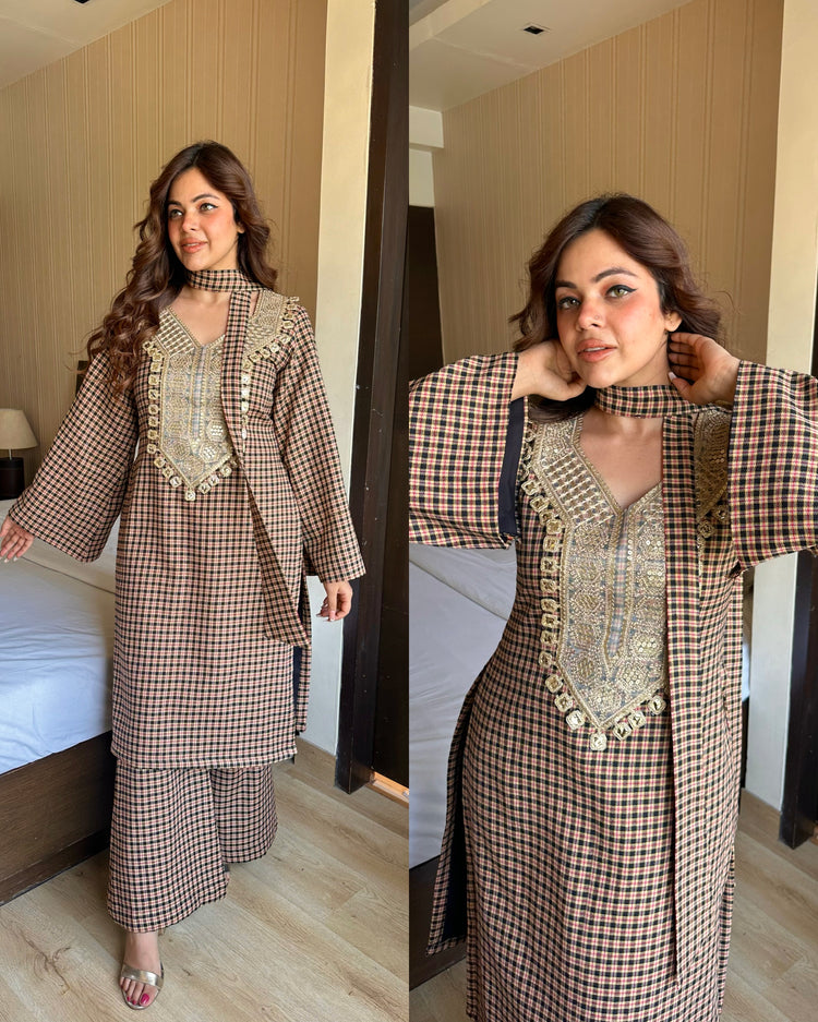 Nude beige woollen checks suit