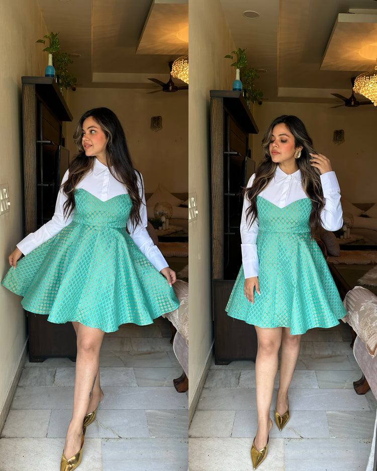 Turquoise silk white shirt dress