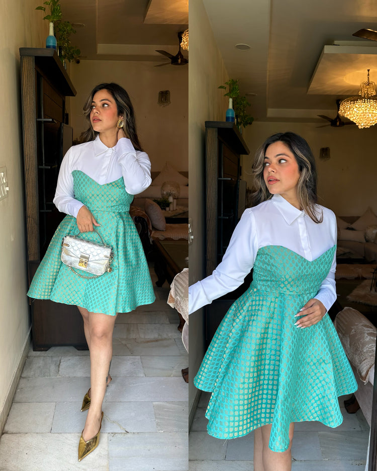Turquoise silk white shirt dress