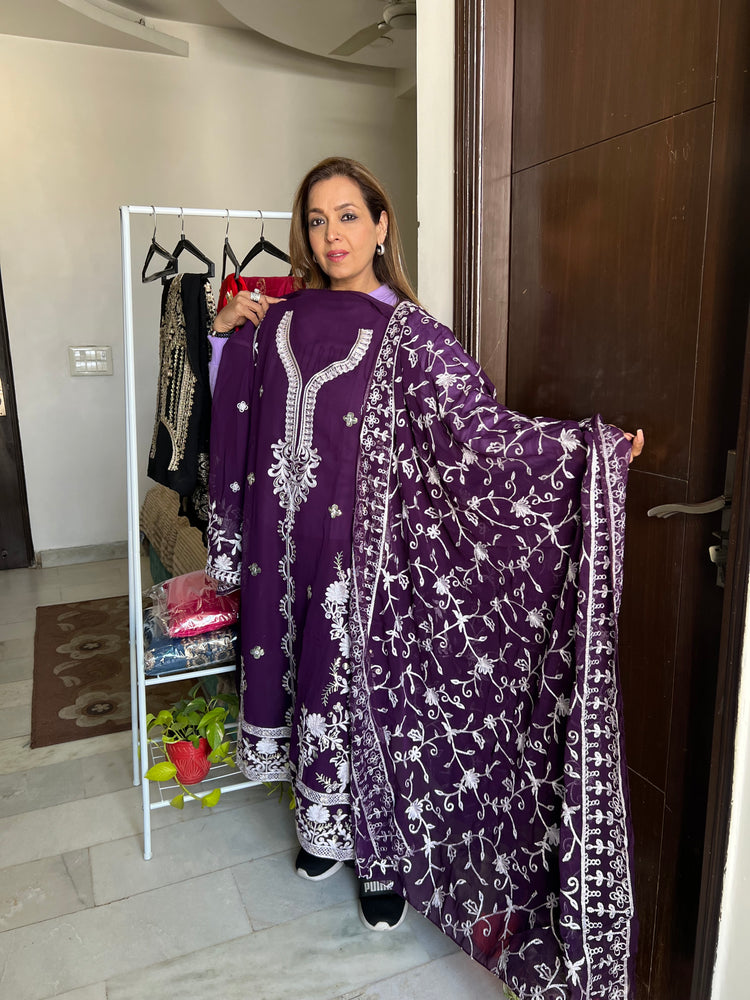 Purple embroidered georgette suit material