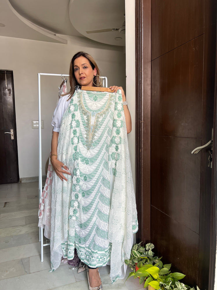 Green white georgette embroidered bling suit material