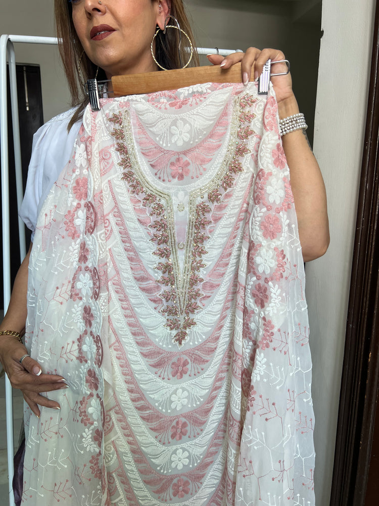 Pink white embroidered bling suit material