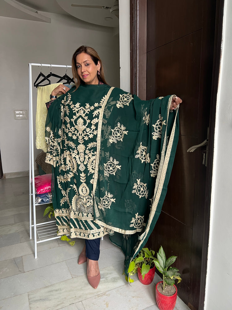 Bottle green embroidered suit material georgette