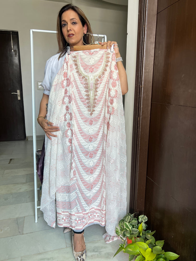 Pink white embroidered bling suit material