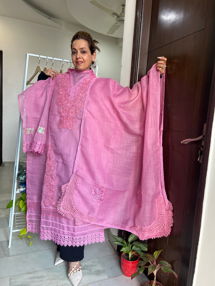 Pink linen embroidered suit material cutwork