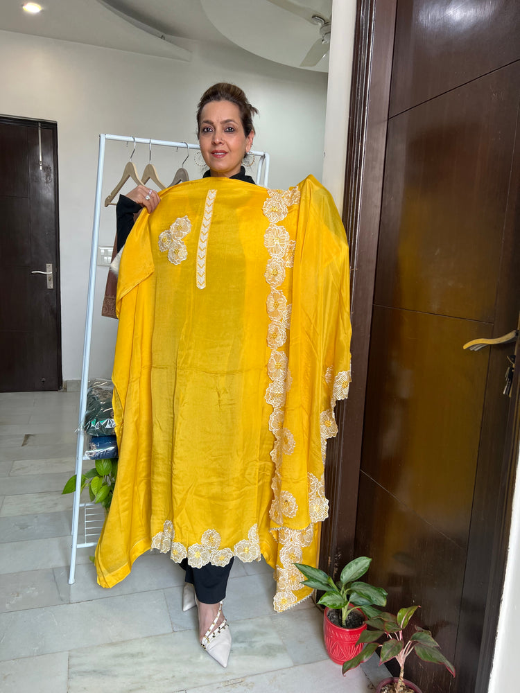 Yellow crepe cutwork suit material
