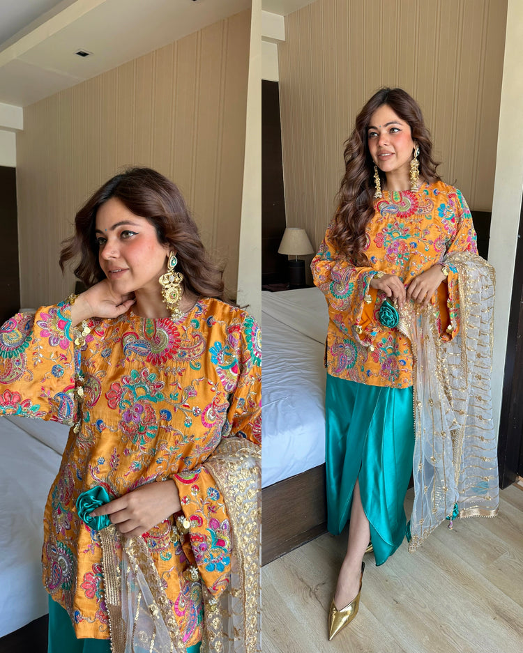 Yellow turquoise drape skirt suit