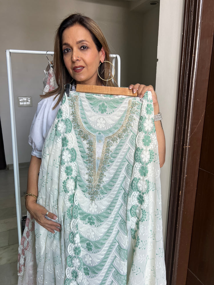 Green white georgette embroidered bling suit material