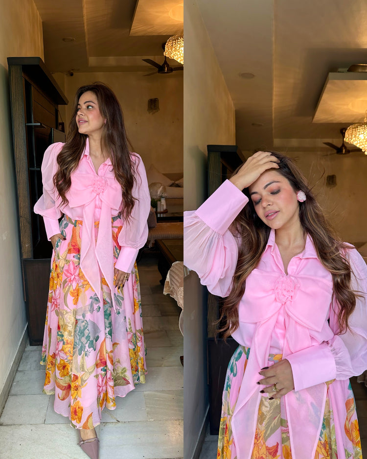 Baby pink floral skirt shirt set