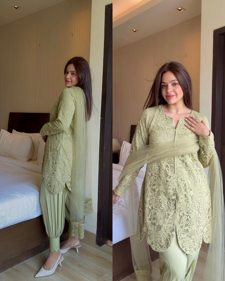 Sage green self net suit