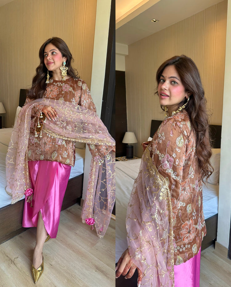 Peach pink premium embroidery skirt set