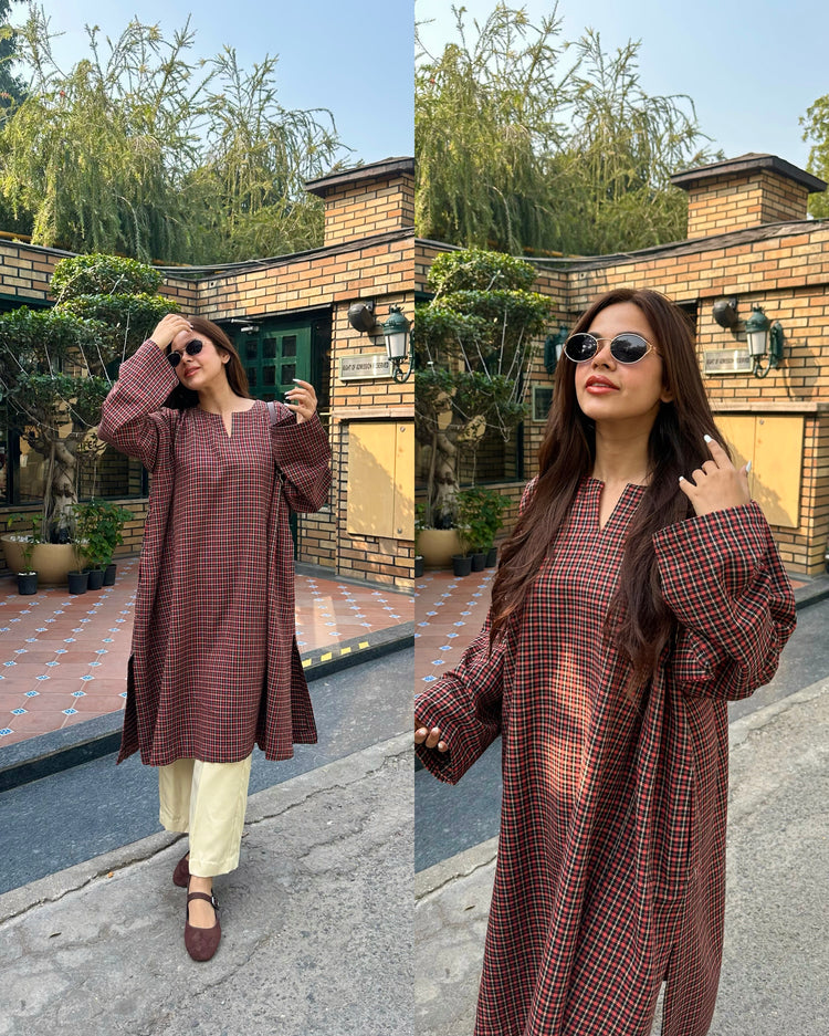 Rust brown checks pheran pant set