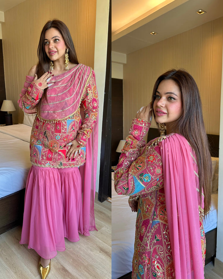 Pink attached duppata embroidered drape suit