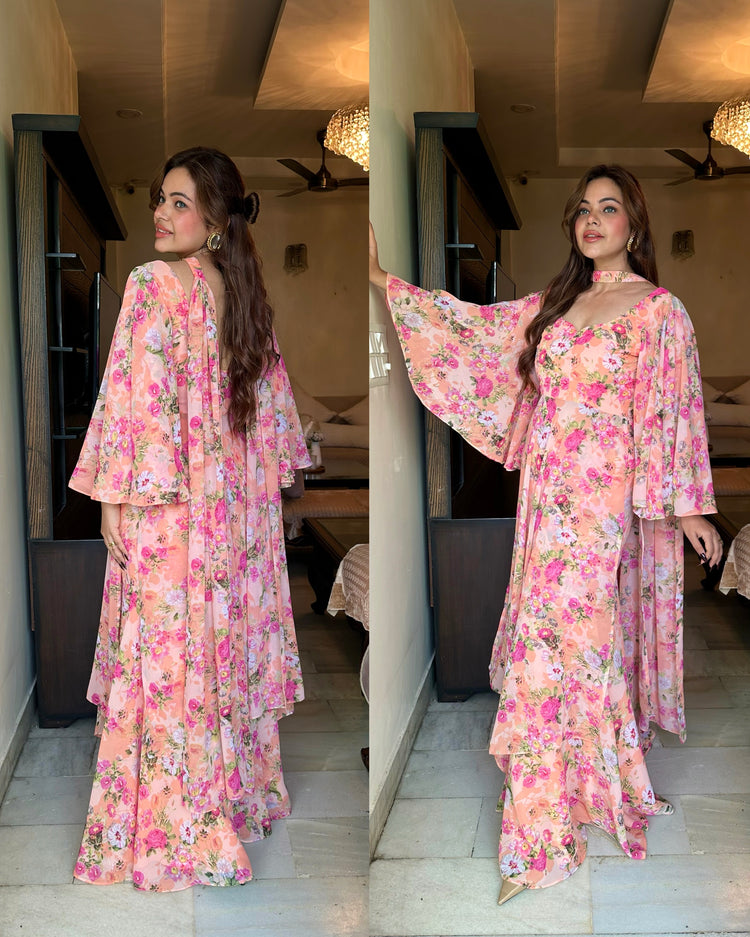 Peach pink floral flared suit