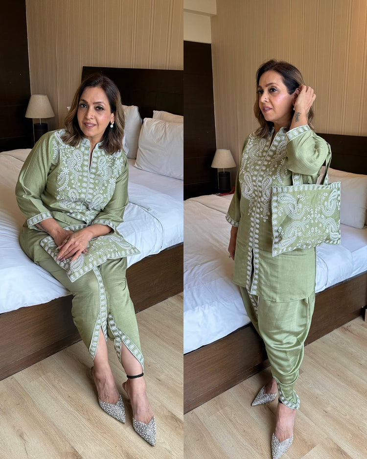 Pastel green white embroidered bag set