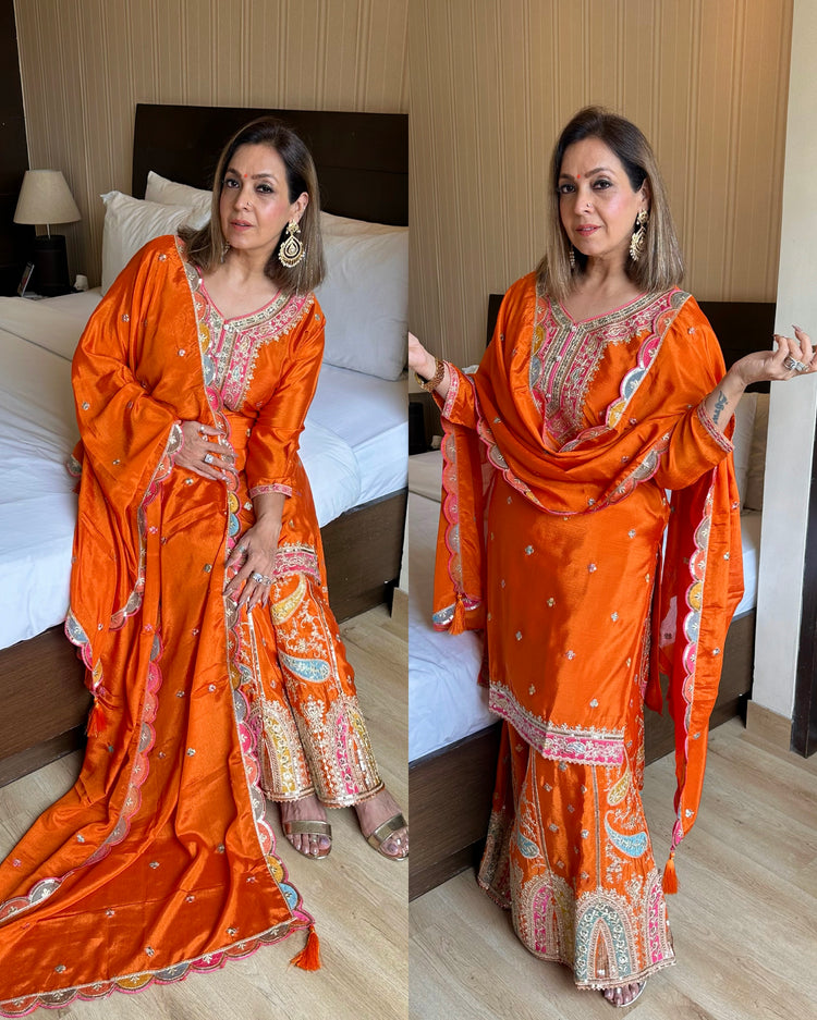 Orange embroidered party wear sharara set