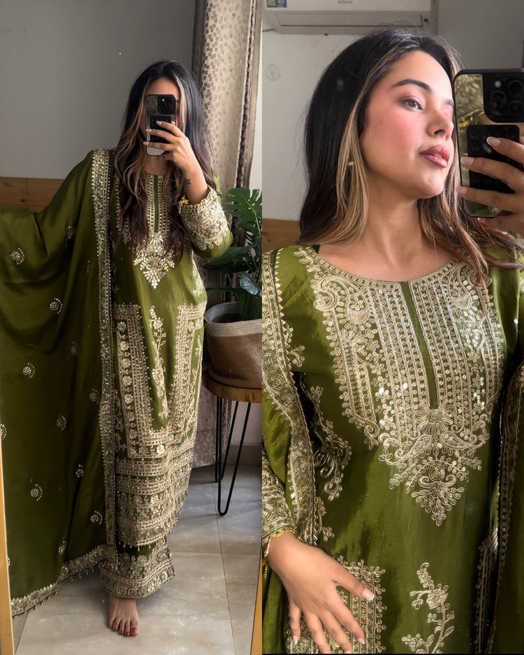 Mehendi green embroidered suit