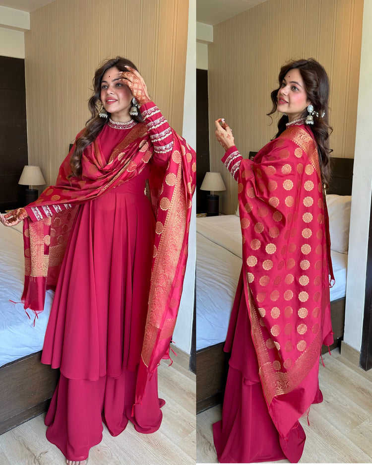 Maroon banarasi flared trousseau suit