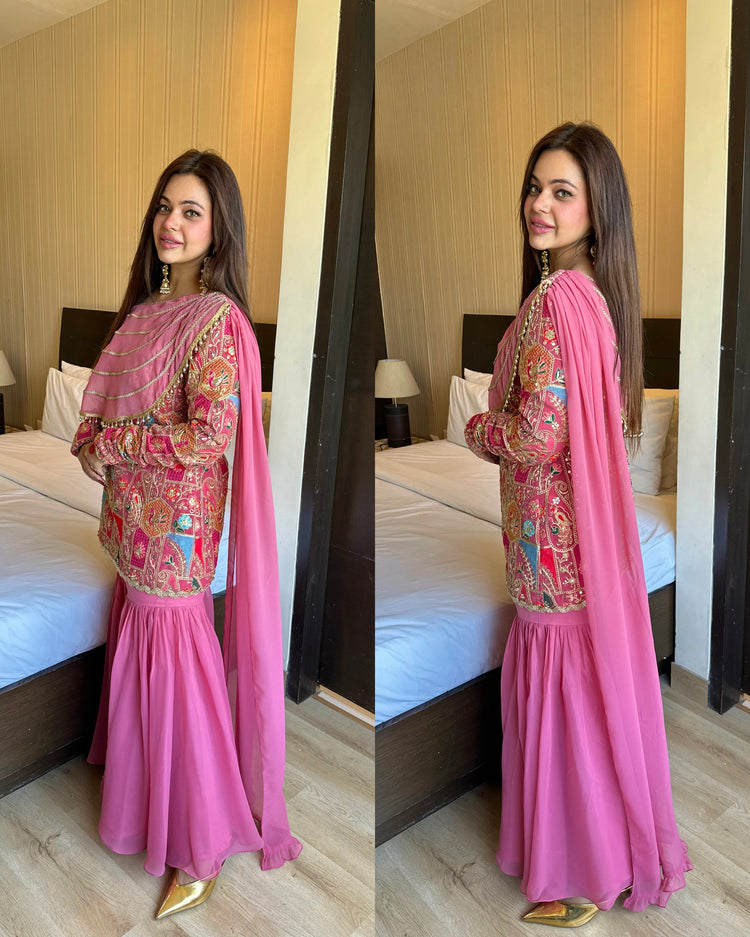 Pink attached duppata embroidered drape suit