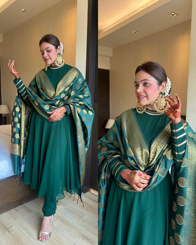 Bottle green banarasi duppata churidar suit