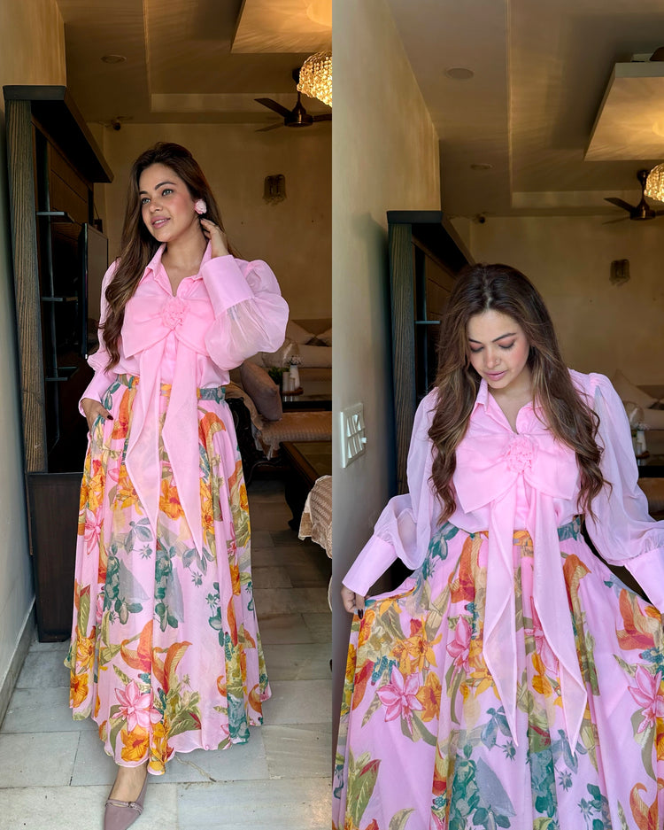 Baby pink floral skirt shirt set