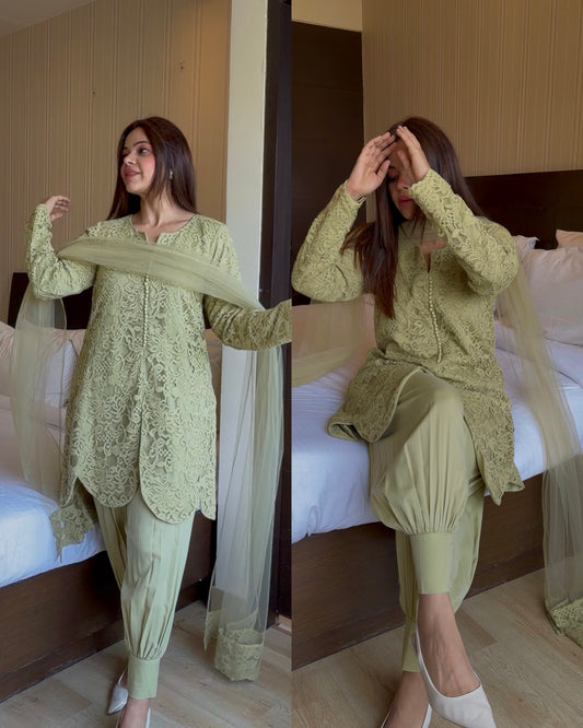 Sage green self net suit