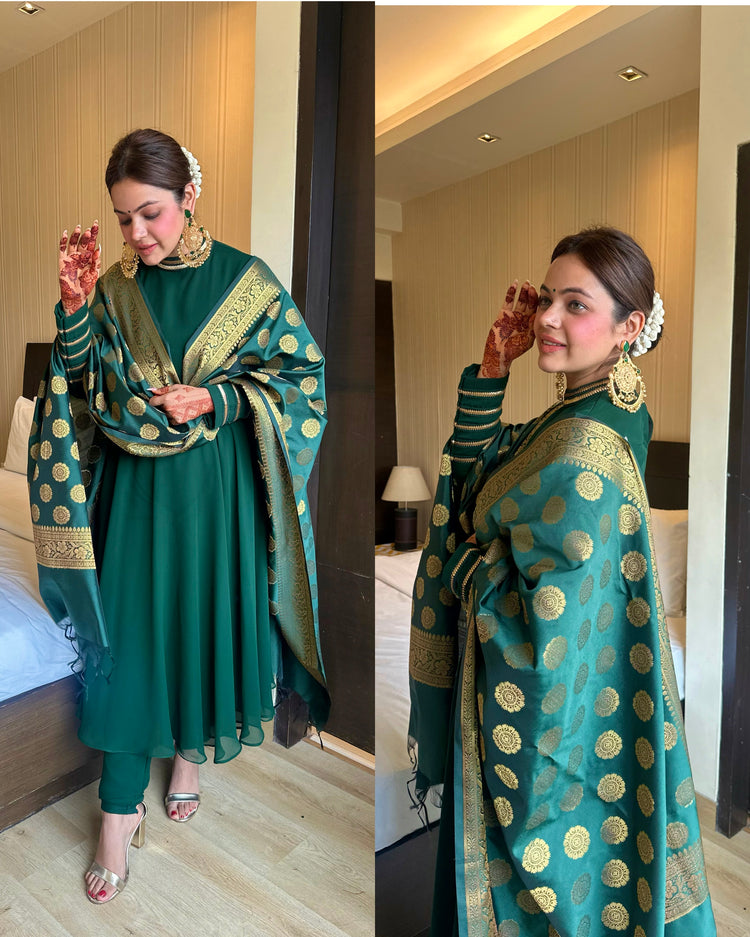 Bottle green banarasi duppata churidar suit