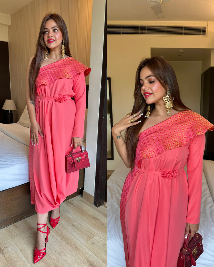 Peach drape silk gown set
