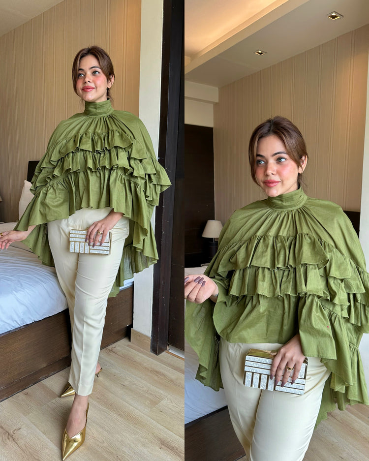 Cotton green frill top pants set