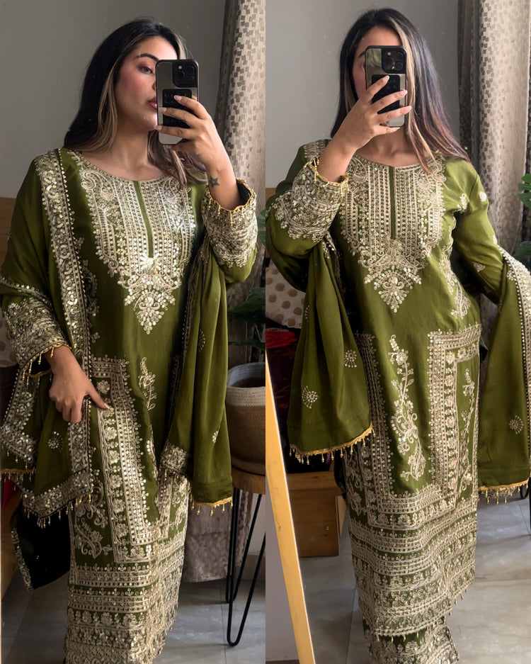 Mehendi green embroidered suit