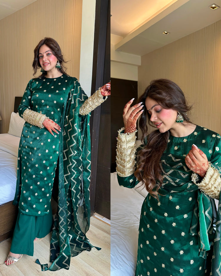 Bottle green embroidery straight festive suit