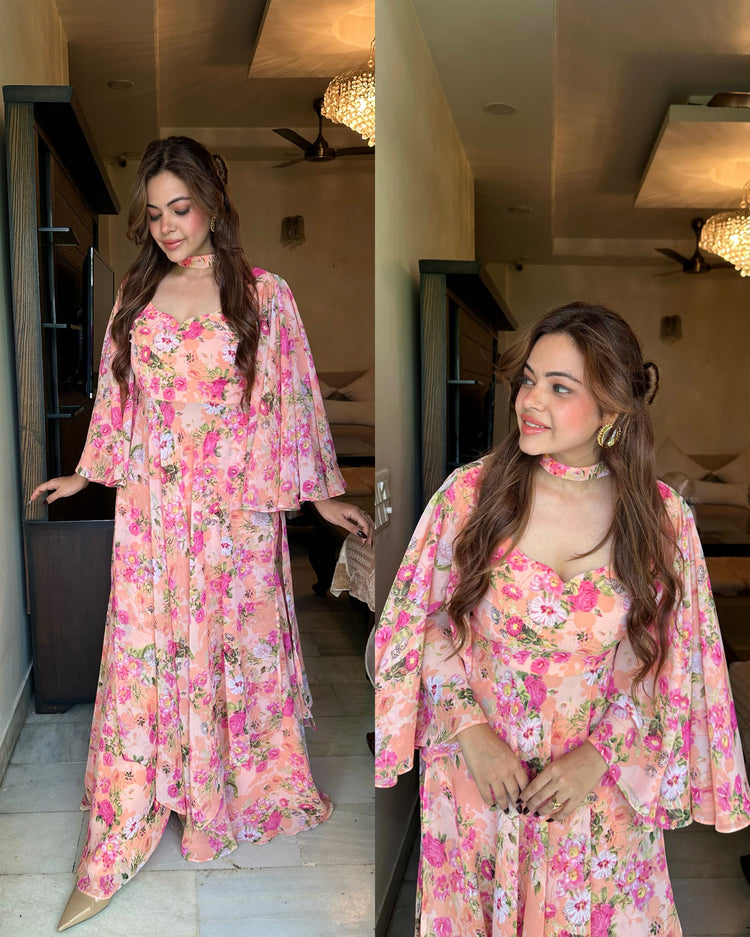 Peach pink floral flared suit