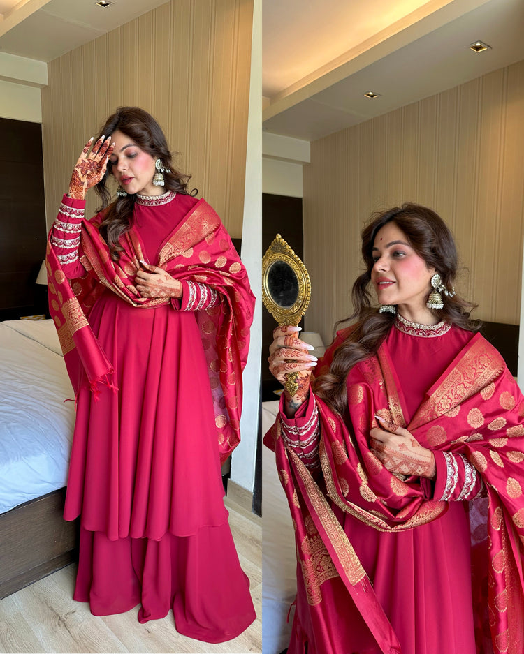 Maroon banarasi flared trousseau suit