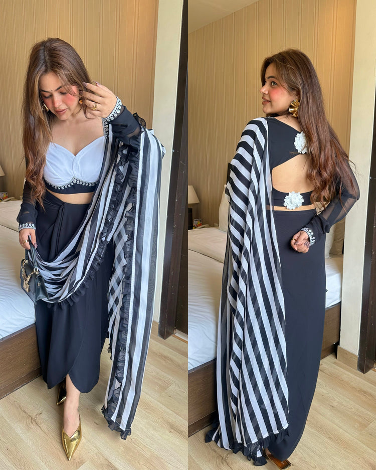 Black n white striped drape saree