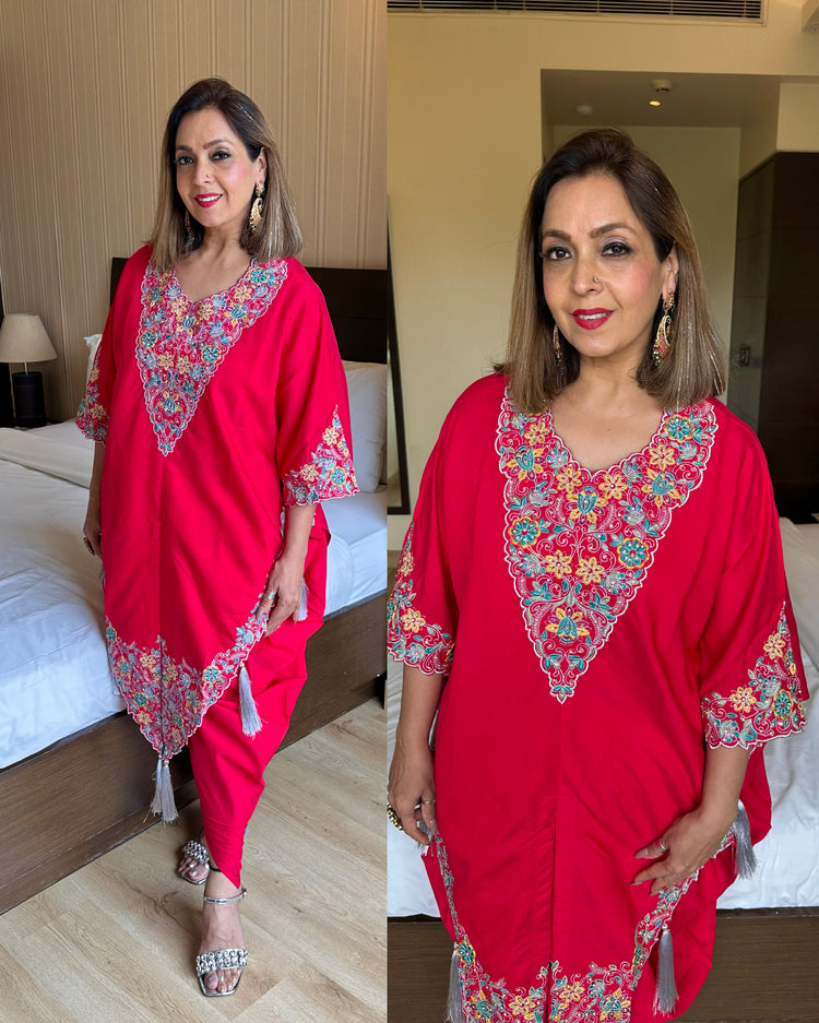 Red embroidery asymmetrical dhoti set