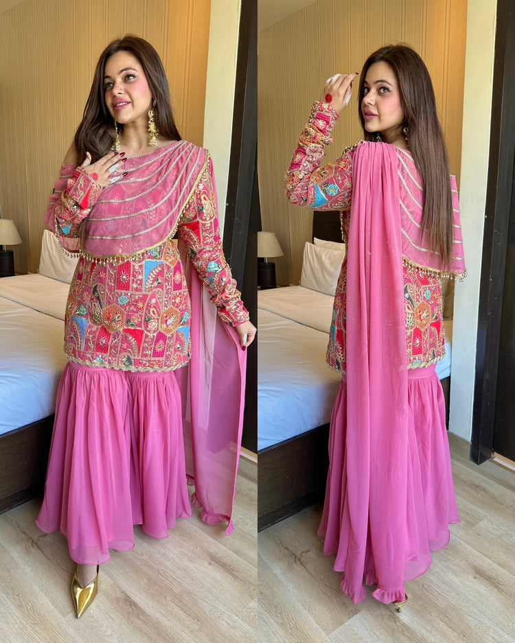 Pink attached duppata embroidered drape suit