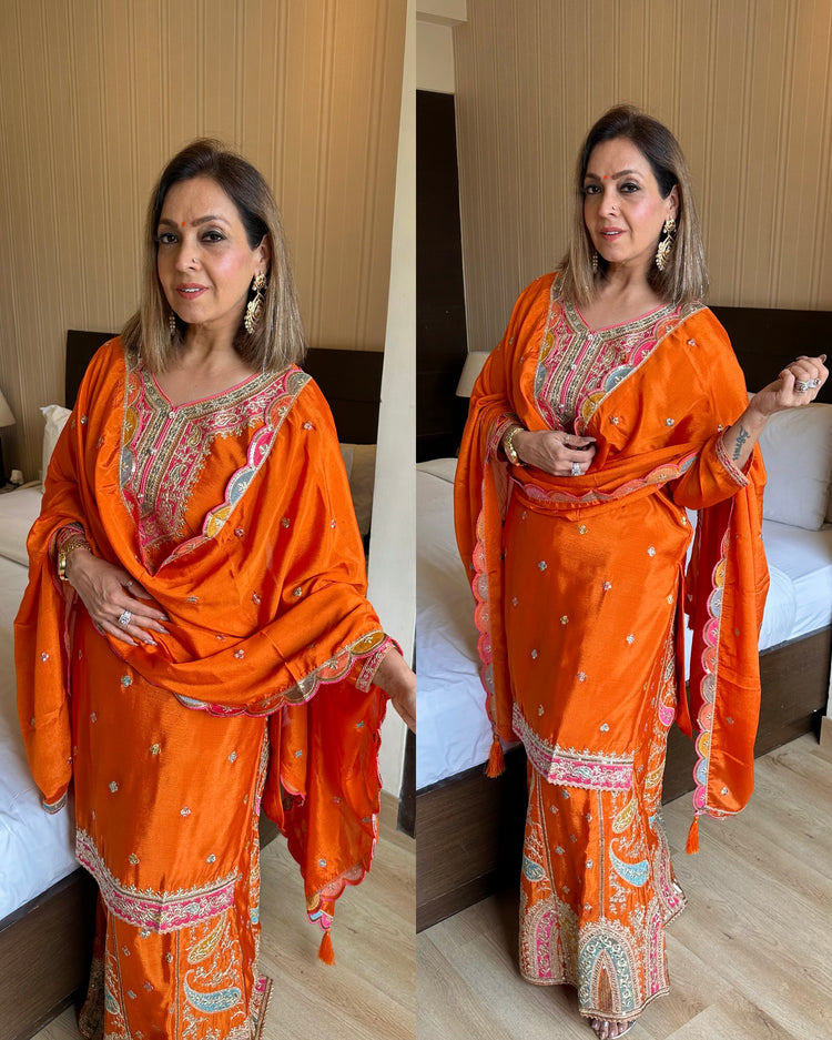 Orange embroidered party wear sharara set