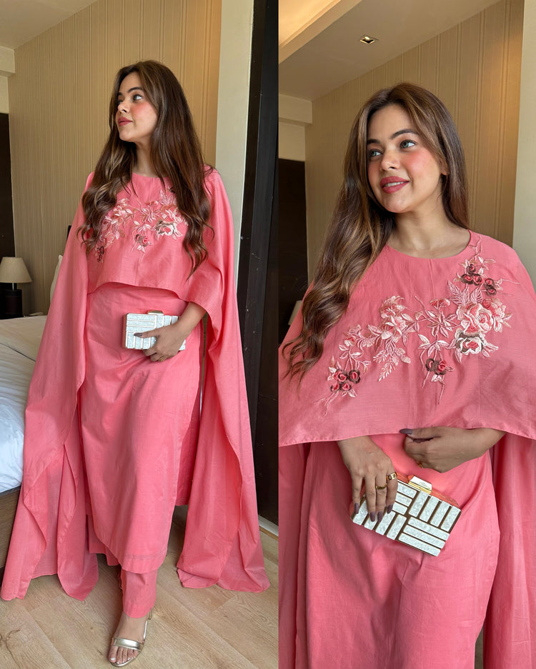 Peach cotton attached duppata set