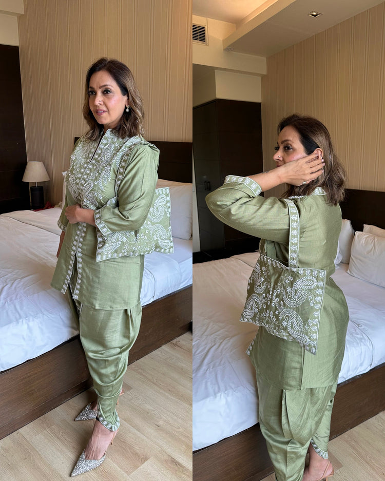 Pastel green white embroidered bag set