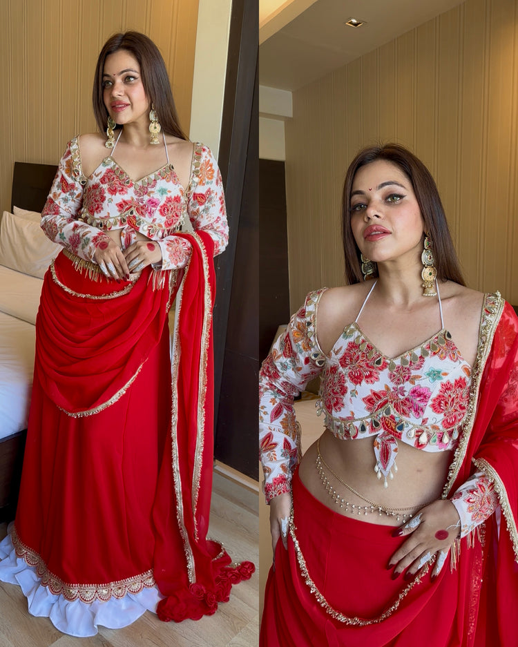 Red white embroidery drape saree gown