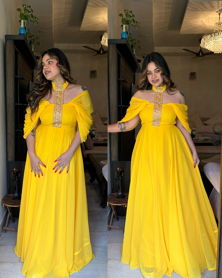 Yellow draped chocker gown