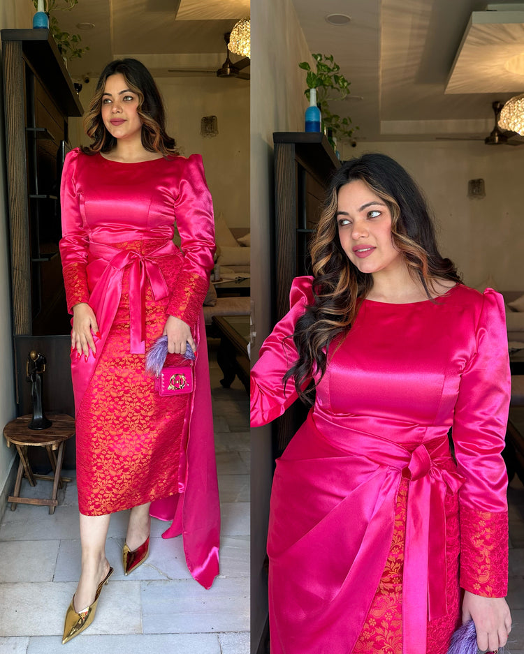 Pink silk wrap skirt set