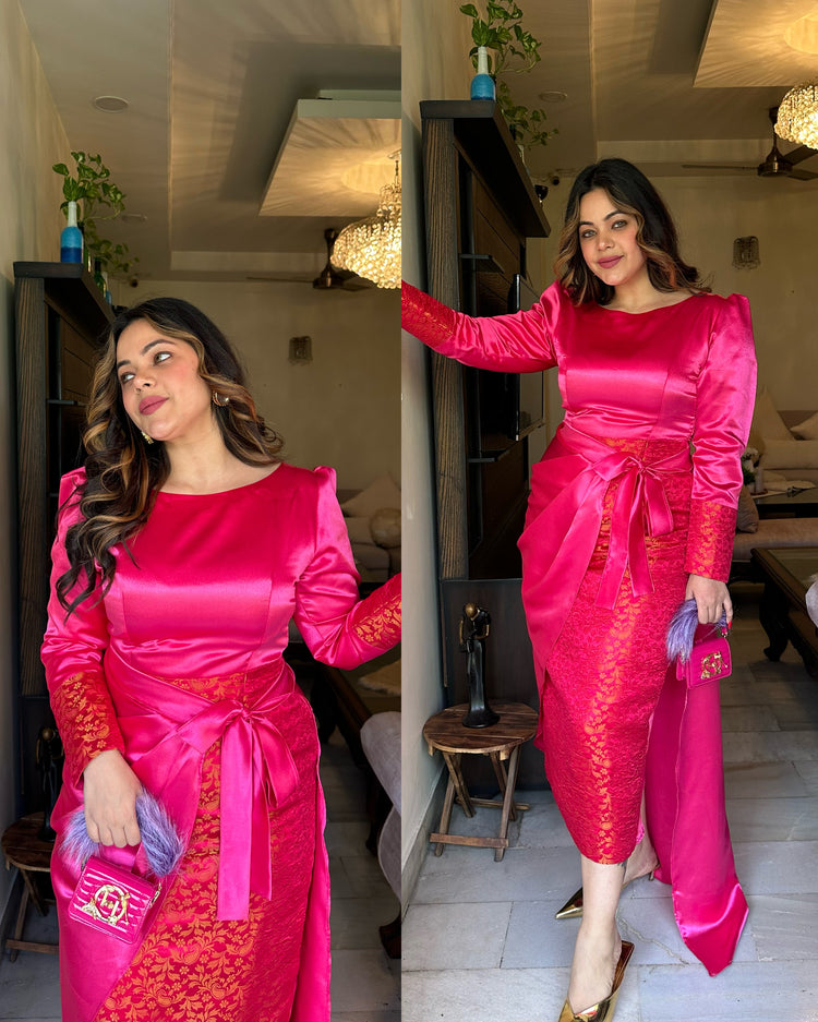 Pink silk wrap skirt set