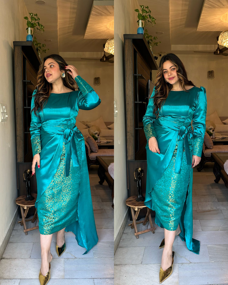 Green drape wrap skirt set