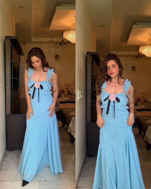 Blue vacation pink rose dress