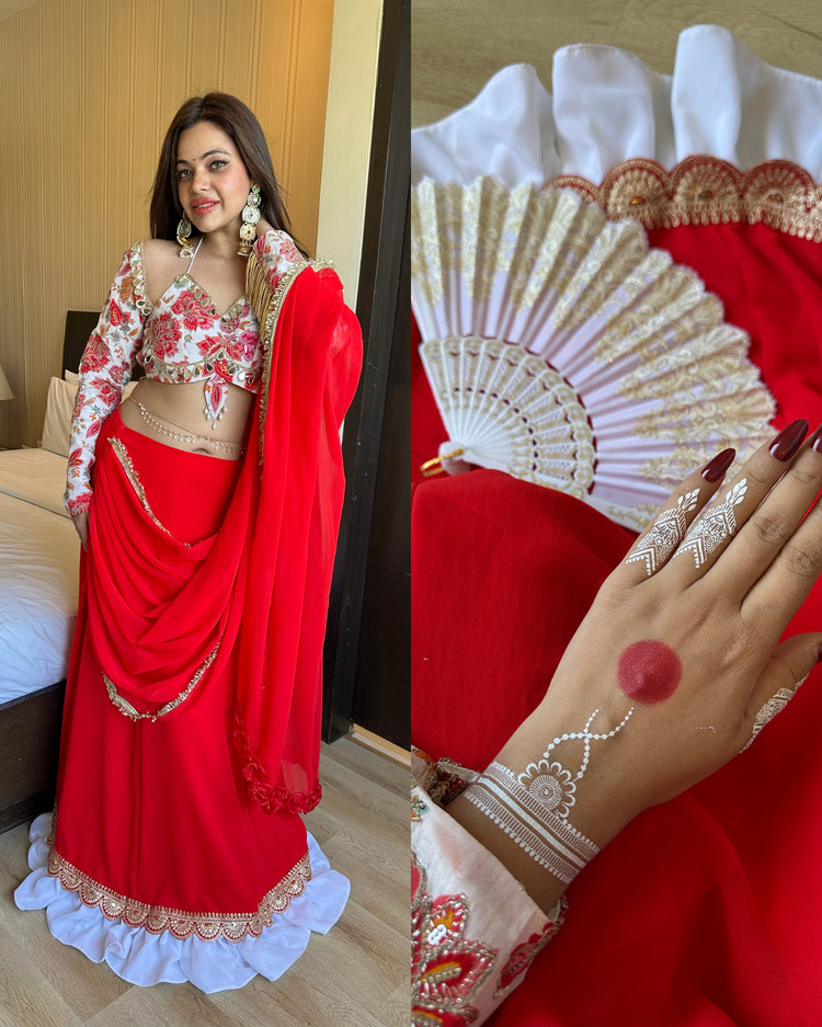 Red white embroidery drape saree gown