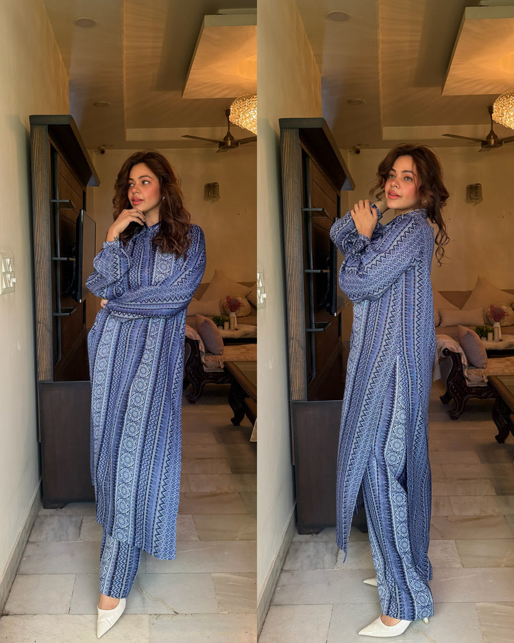 Blue printed elongated pants kurta set